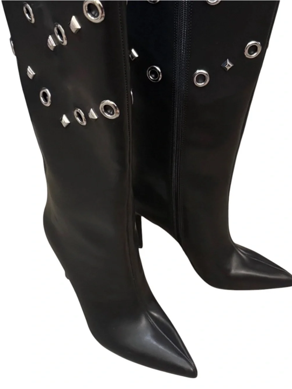 Black Knee-High Stiletto Boots with Silver Eyelet Detail